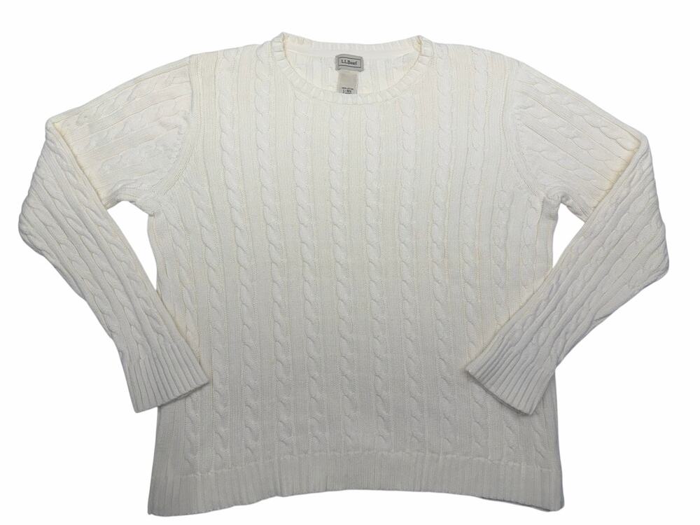 LL Bean Womens Large Cream Cable Knit Cotton Crewneck Sweater Fisherman